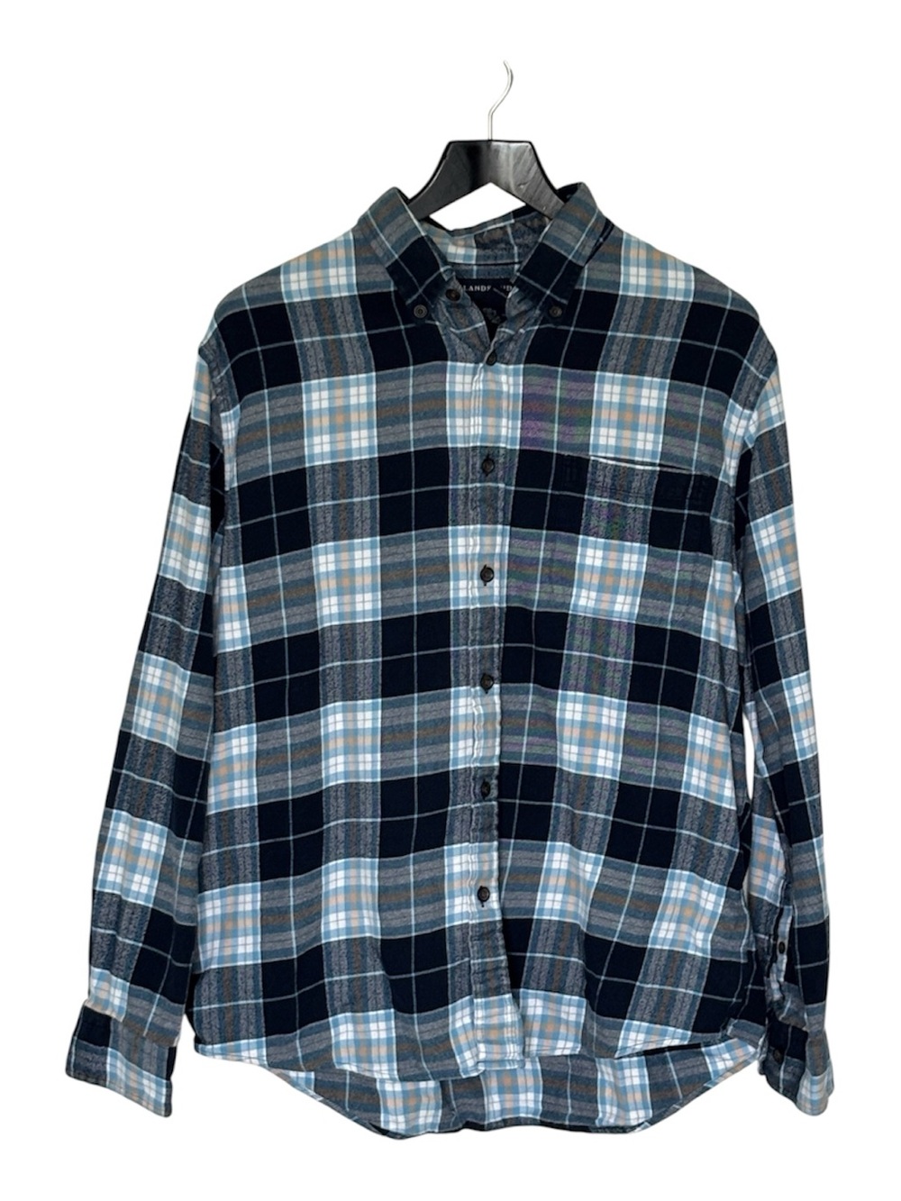 Lands' End Men's Navy and Light Blue Plaid Flannel Button-Down Shirt